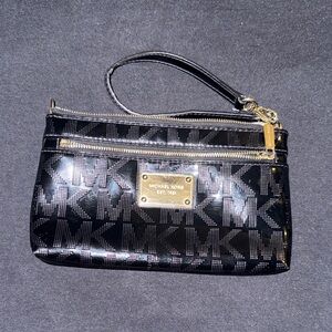 Michael Kors Black Patent Logo Wristlet with Gold Plate